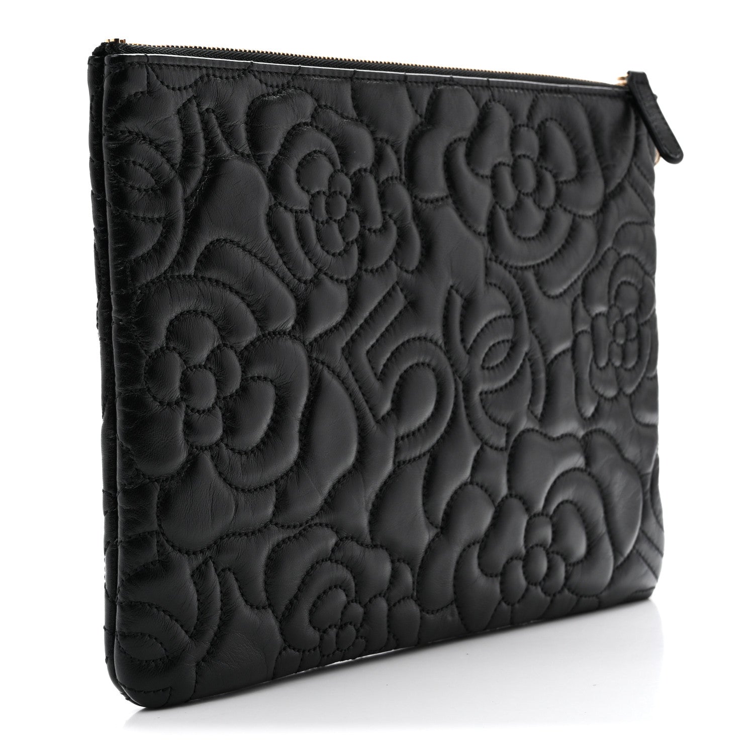 Chanel Calfskin Camellia Embossed Quilted Medium Cosmetic Case Black 3 of 7