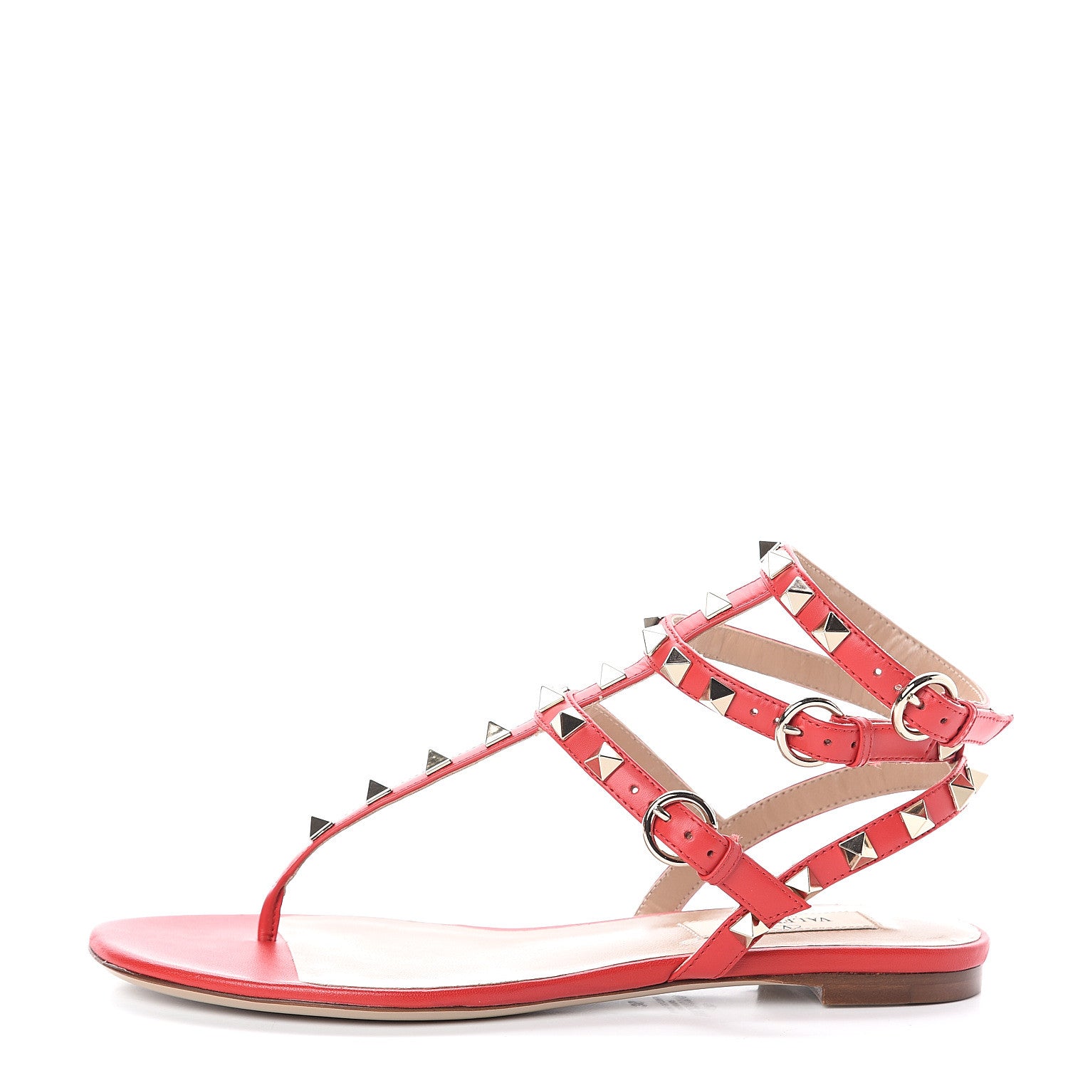 Valentino Garavani Calfskin Nappa Rockstud Ankle Wrap Flat Thong Sandals 36 Rouge Pur 1 of 7
