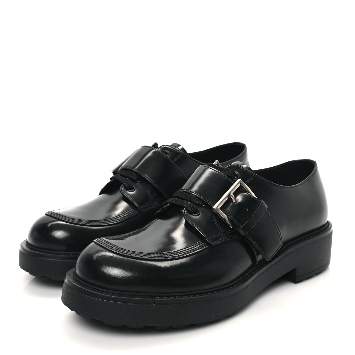 Prada Calfskin Mens Belted Lace Up Loafers 9 Black 3 of 8
