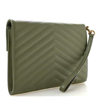 Saint Laurent Grain De Poudre Matelasse Chevron Monogram Envelope Clutch Light Sage 3 of 8