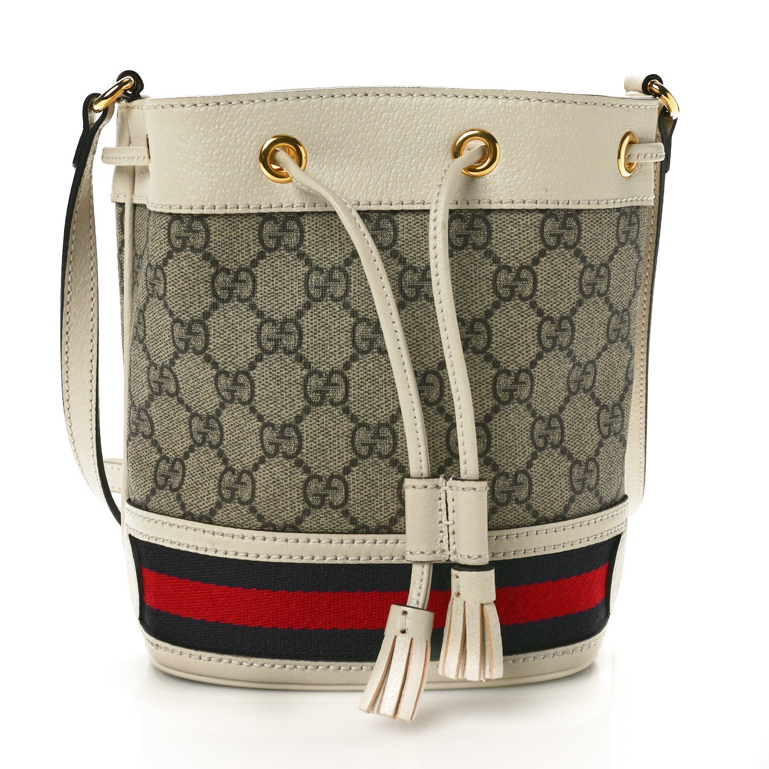 Gucci GG Supreme Monogram Textured Calfskin Web Mini Ophidia Bucket Bag Beige Ebony Mystic White 1 of 9