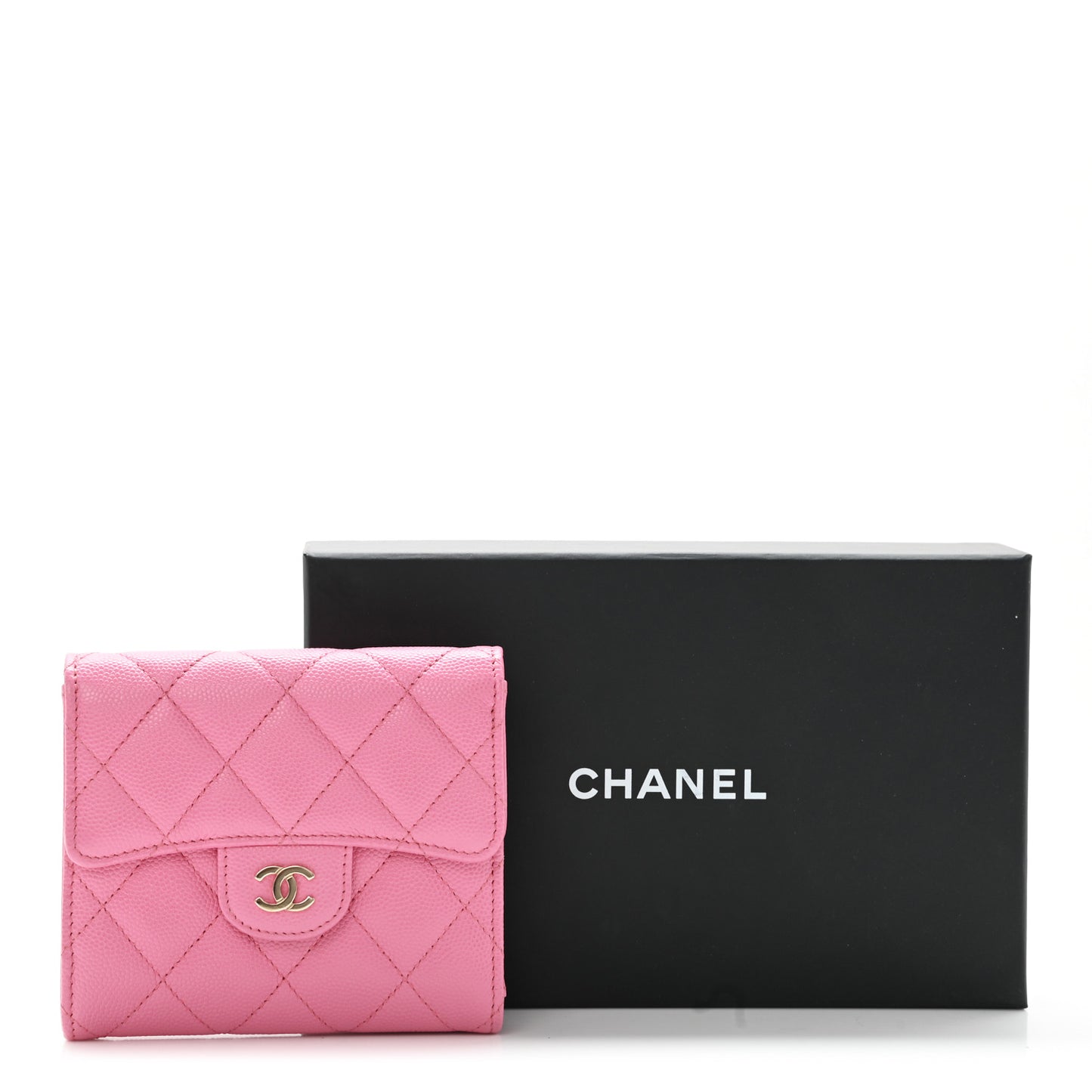 Caviar Quilted Compact Flap Wallet Pink