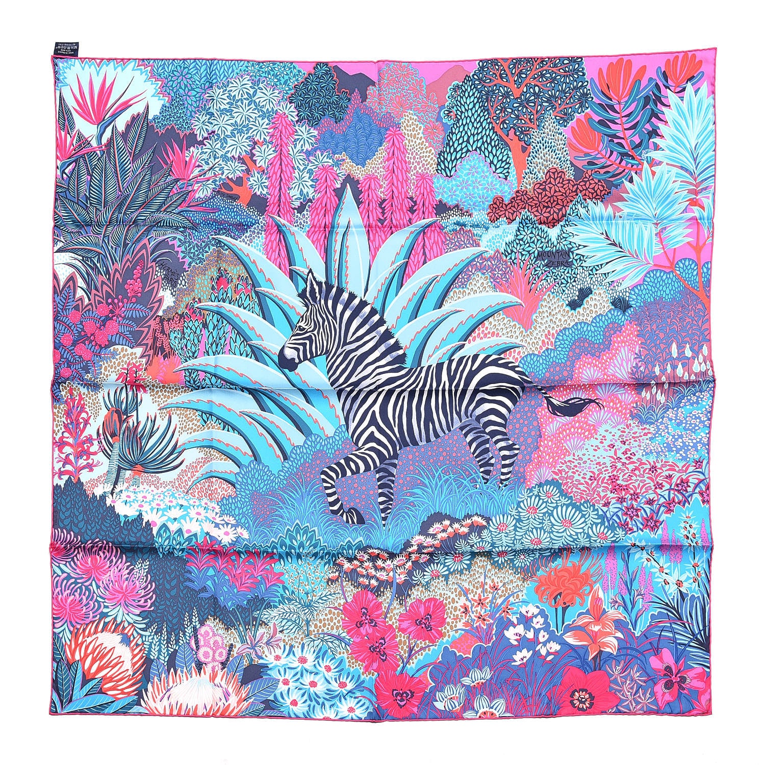 Hermes Silk Mountain Zebra Scarf 90 Turquoise Fuchsia Cobalt 1 of 5