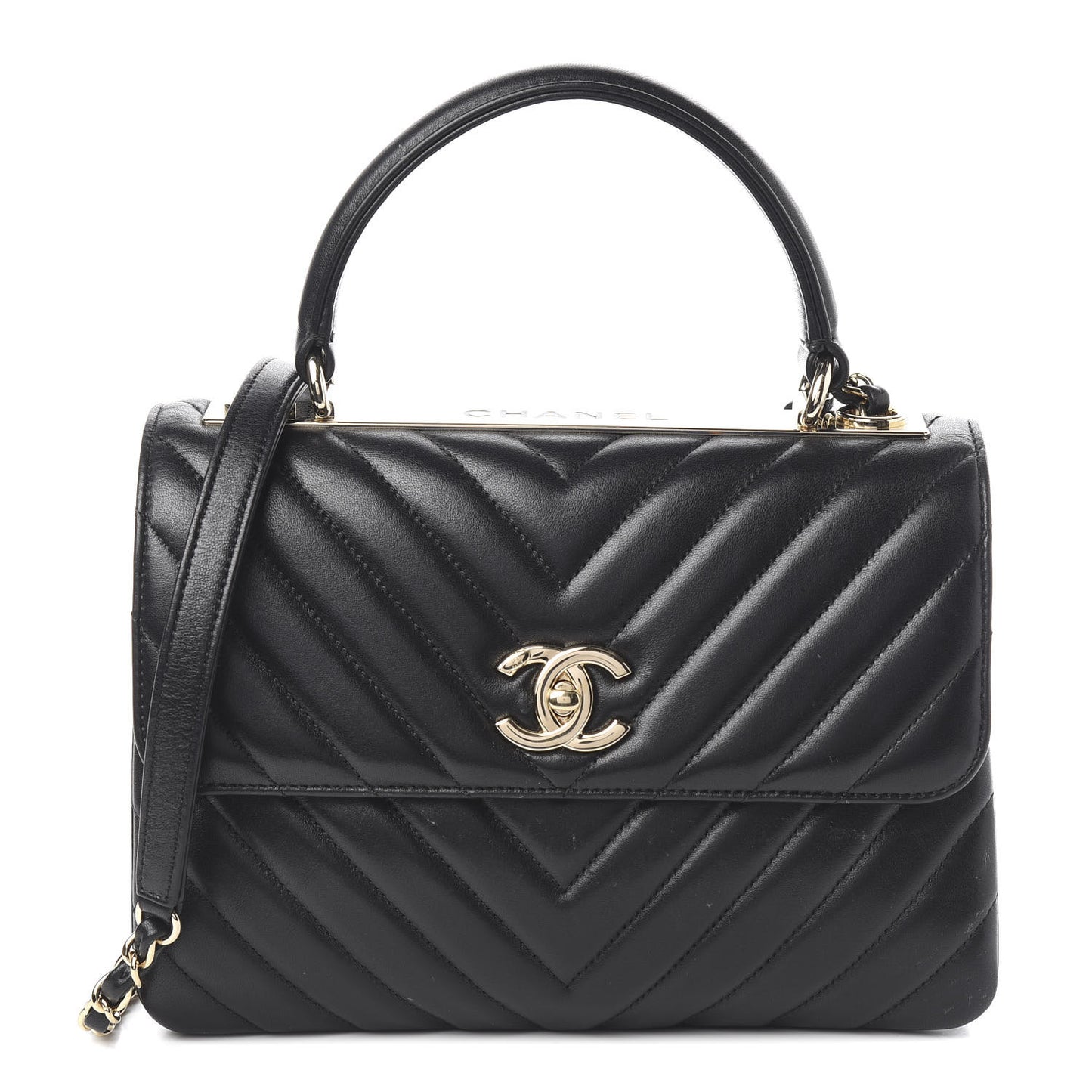 Lambskin Chevron Quilted Small Trendy CC Dual Handle Flap Bag Black