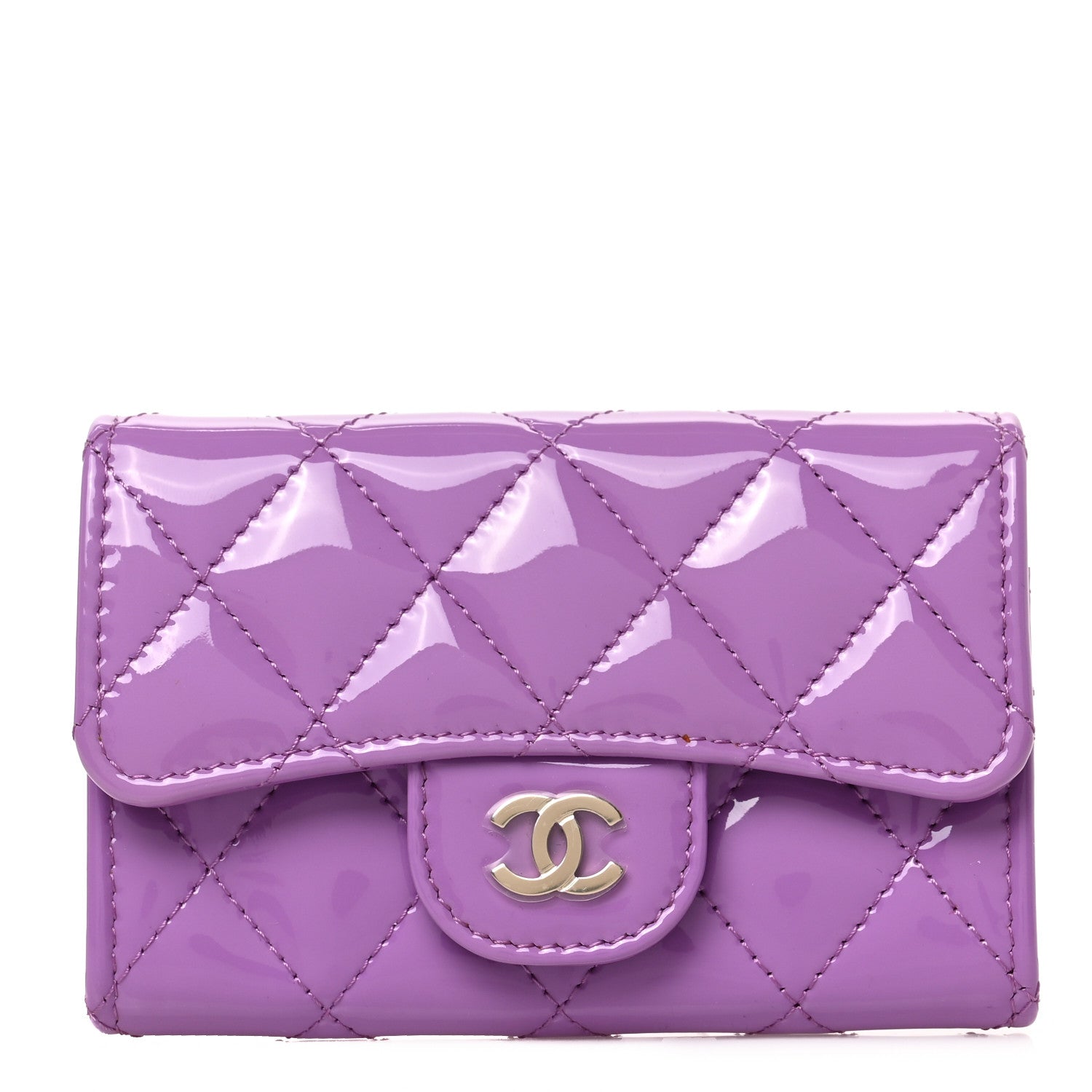 Chanel Patent Quilted Flap Card Holder Wallet Purple 1 of 8