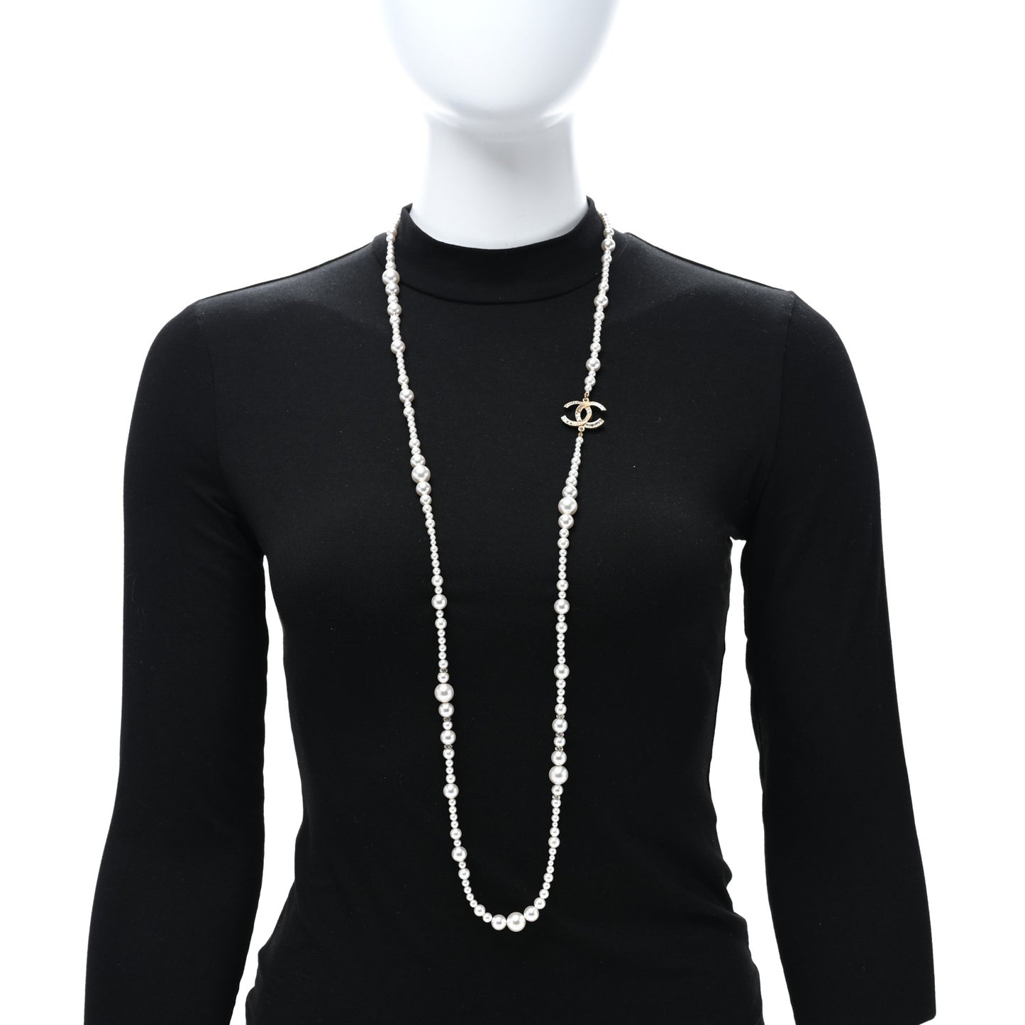 Pearl Baguette Crystal CC Necklace Gold