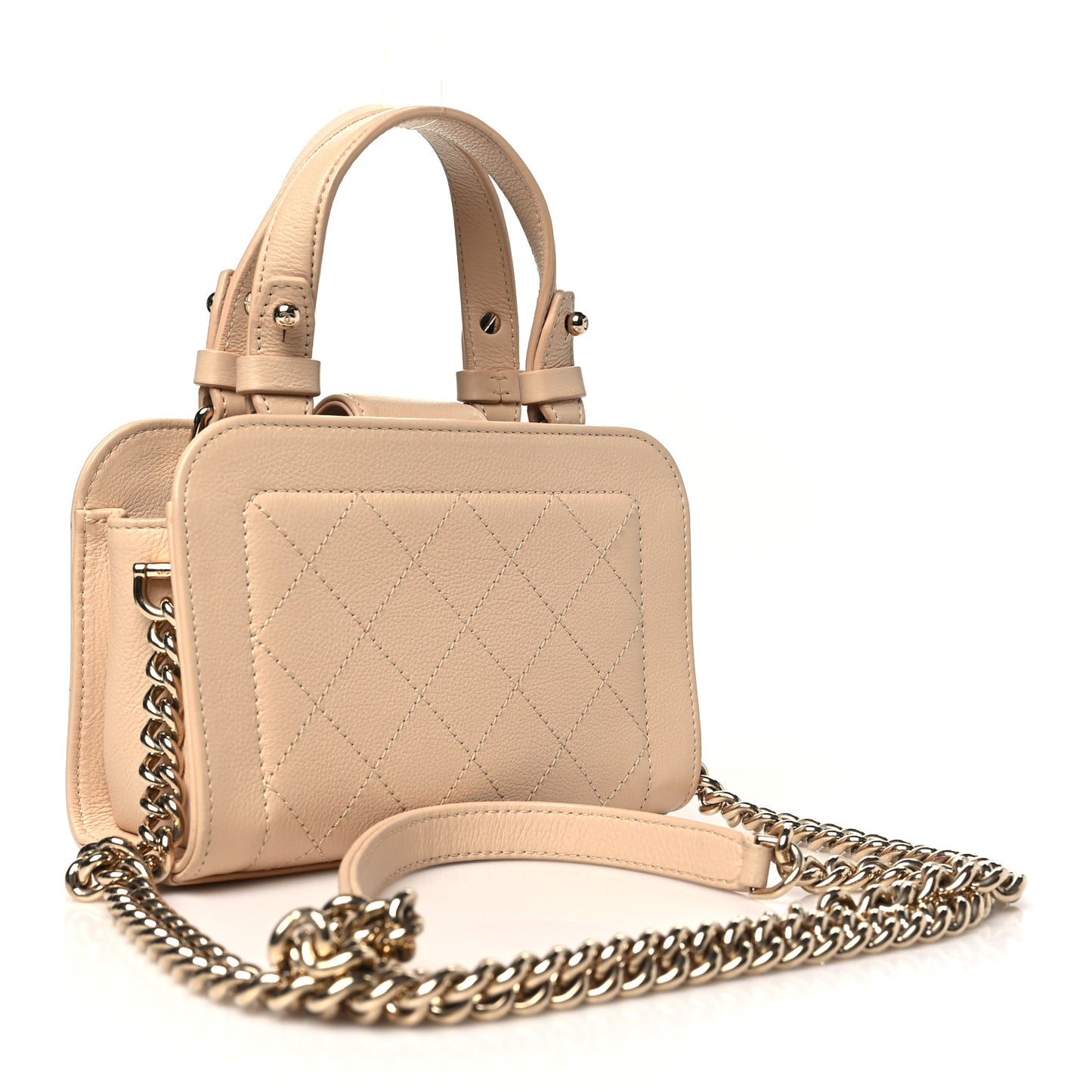 Grained Calfskin Stitched Mini Label Click Shopper Tote Beige