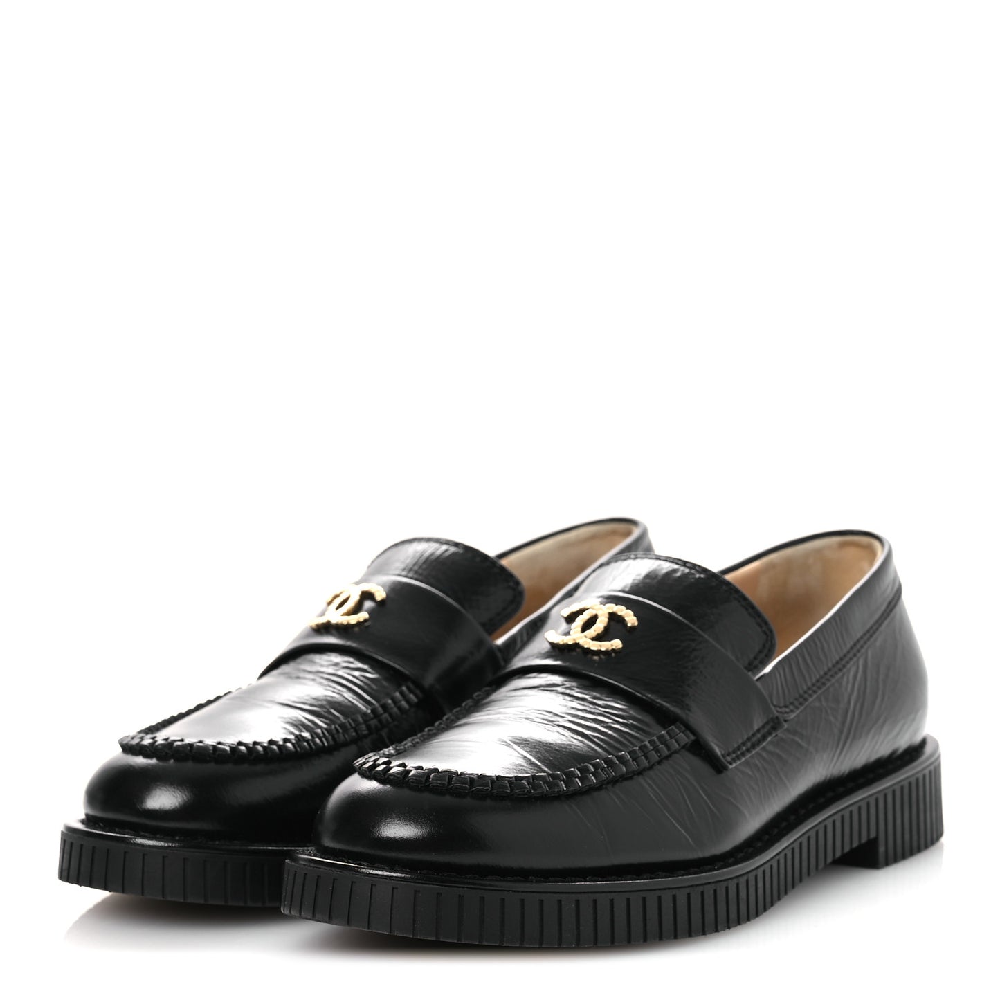 Shiny Crumpled Calfskin CC Mocassin Loafers 38.5 Black