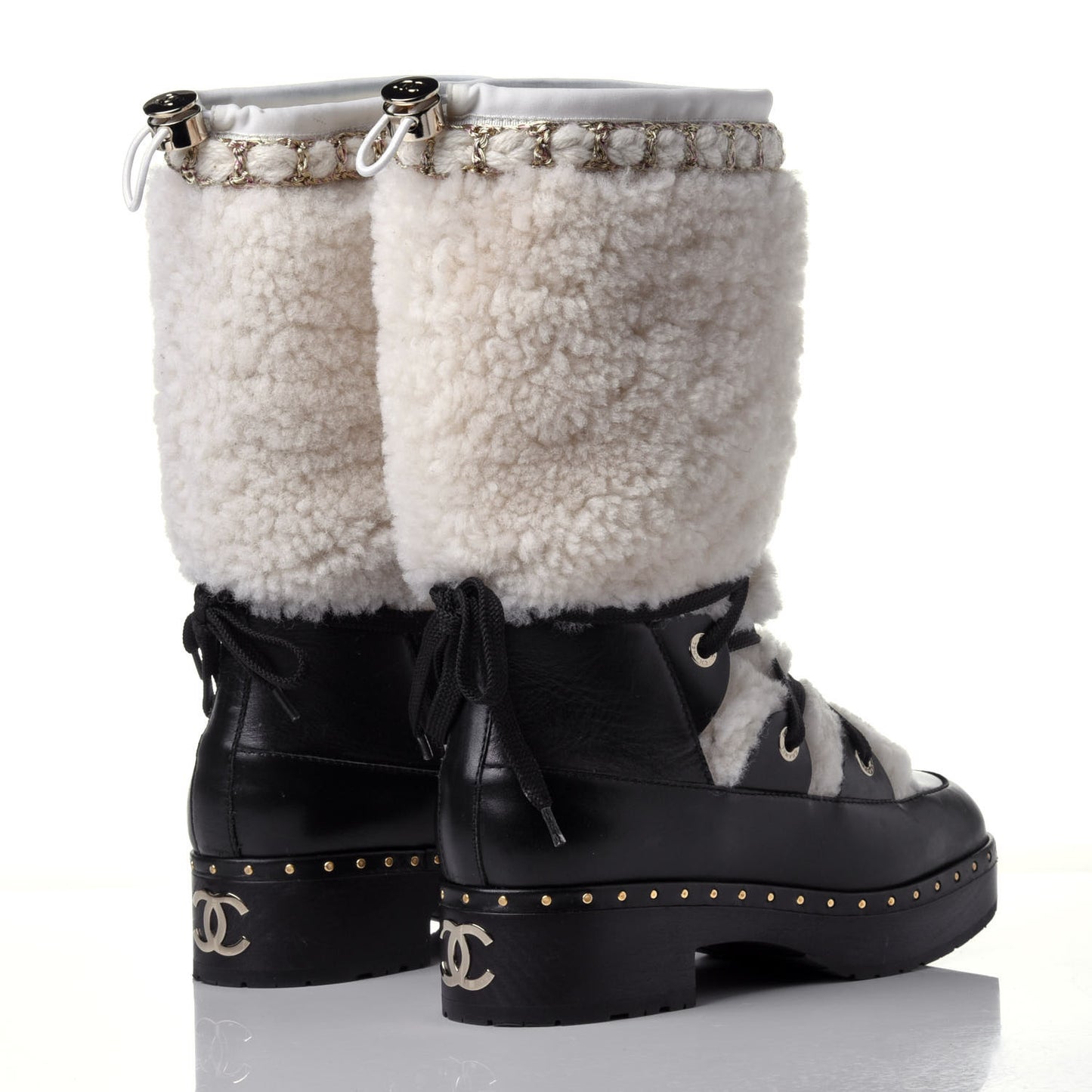 Shearling Chain Studded CC High Boot 38 Black