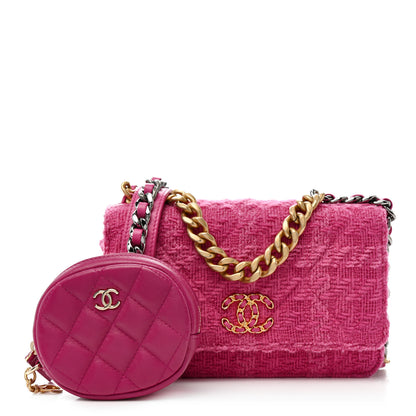 Chanel Wool Tweed Lambskin Quilted Chanel 19 Wallet On Chain WOC and Coin Purse  Fuchsia 2 of 13