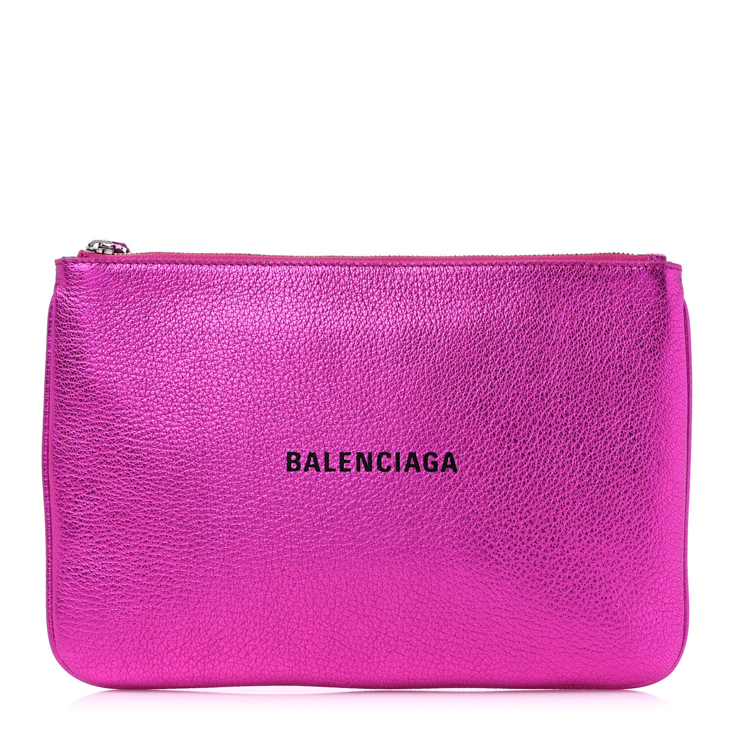 Balenciaga Metallic Goatskin Logo Large Everyday Zip Pouch Rose Fuchsia Black 1 of 8