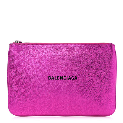 Balenciaga Metallic Goatskin Logo Large Everyday Zip Pouch Rose Fuchsia Black 1 of 8