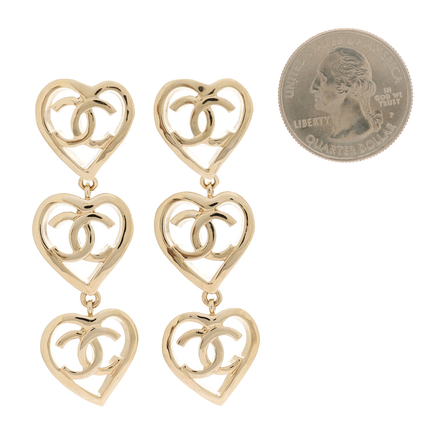 Chanel Metal CC Triple Heart Coco In Love Drop Earrings Gold 2 of 5