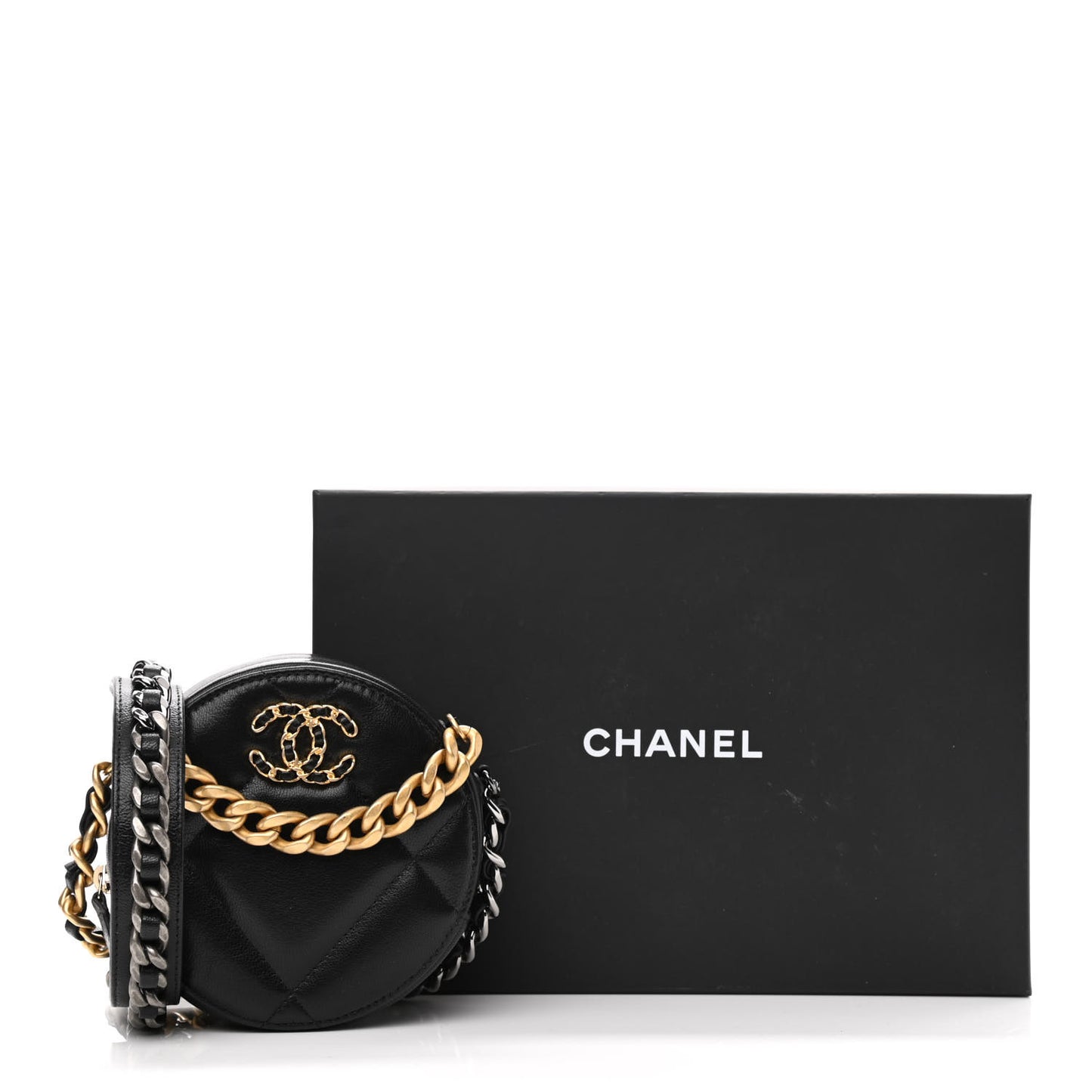 Lambskin Quilted Chanel 19 Round Clutch With Chain Black