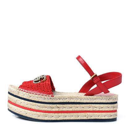 Gucci Cotton Malaga Kid Crochet Pearly GG Lilibeth Espadrille Platform Sandals 37.5 Hibiscus Red 1 of 9