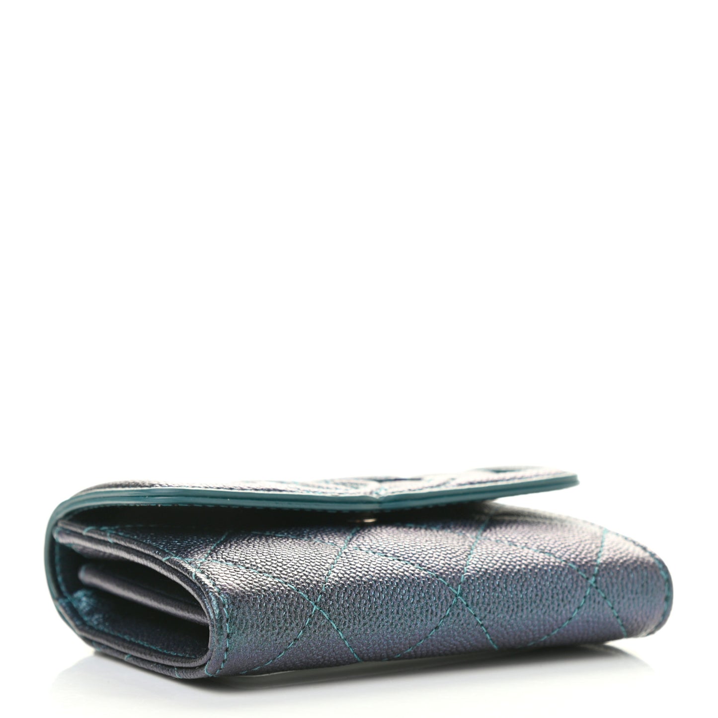 Iridescent Caviar Quilted Filigree Flap Card Holder Dark Turquoise
