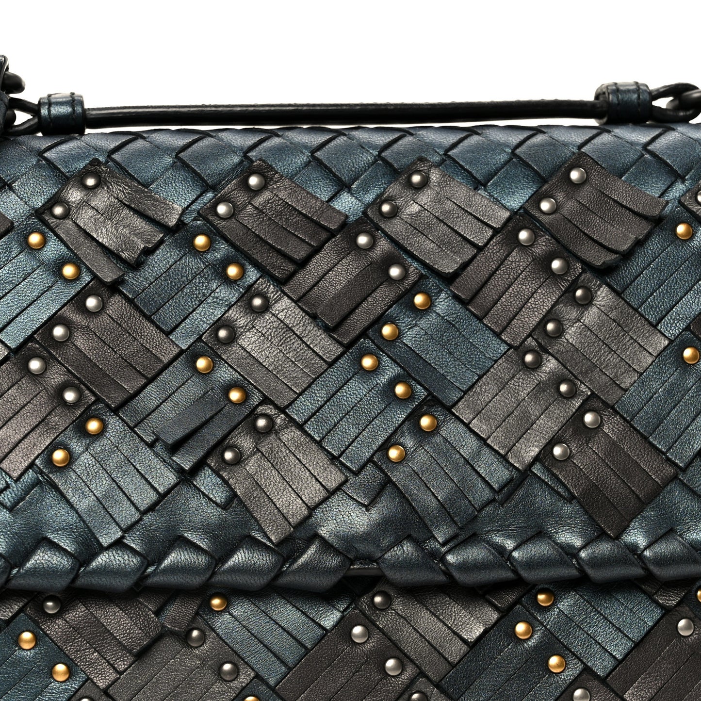 Metallic Nappa Intrecciato Fringe Studded Olimpia Bag Blue Black Blue Black