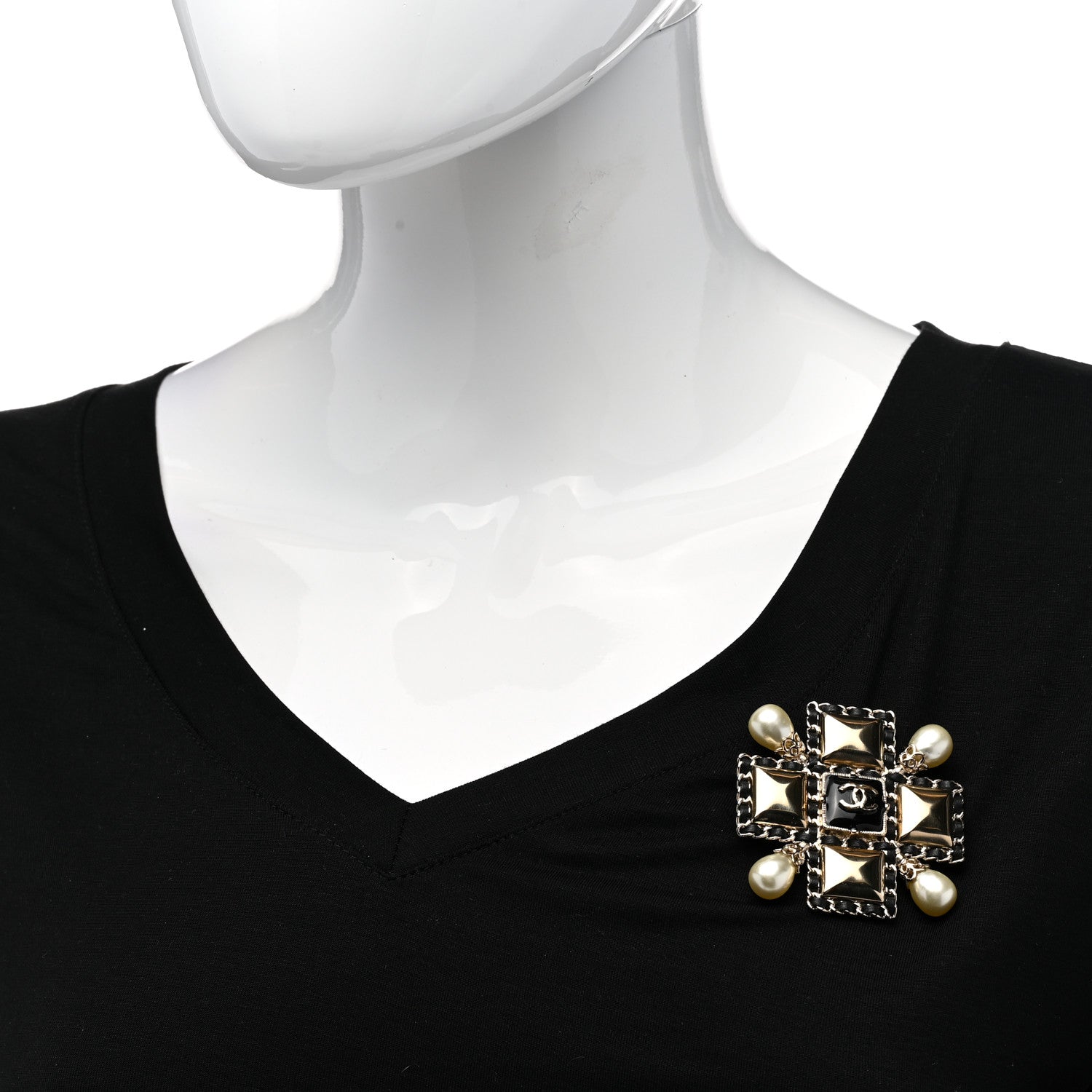 Chanel Pearl Lambskin Resin Maltese Cross Brooch Pendant Gold Black White 2 of 5