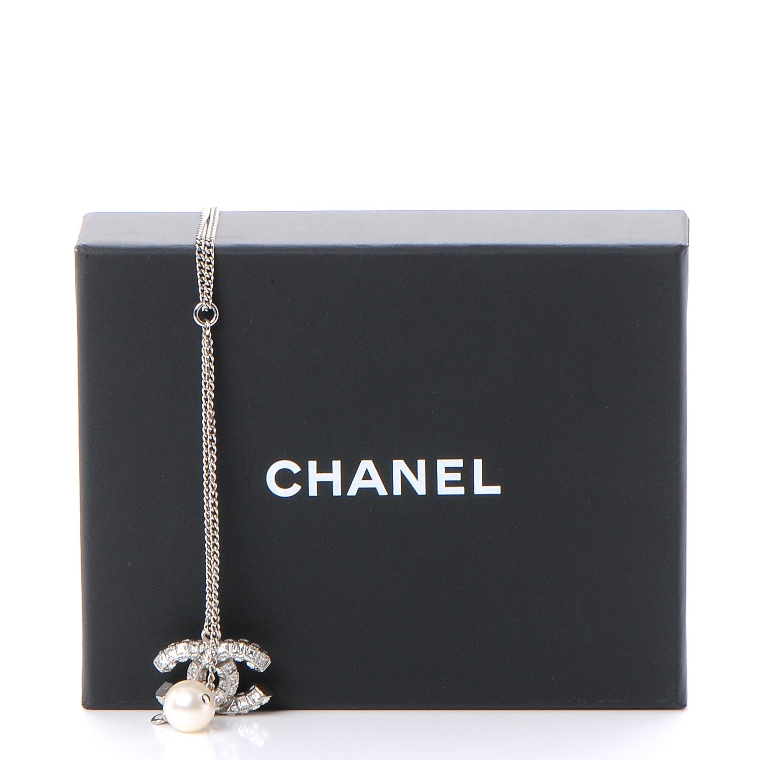 Chanel Baguette Crystal Pearl CC Lariat Necklace Silver 7 of 7