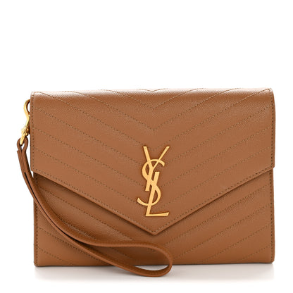 Saint Laurent Grain De Poudre Matelasse Chevron Monogram Envelope Clutch Natural Dark 1 of 12