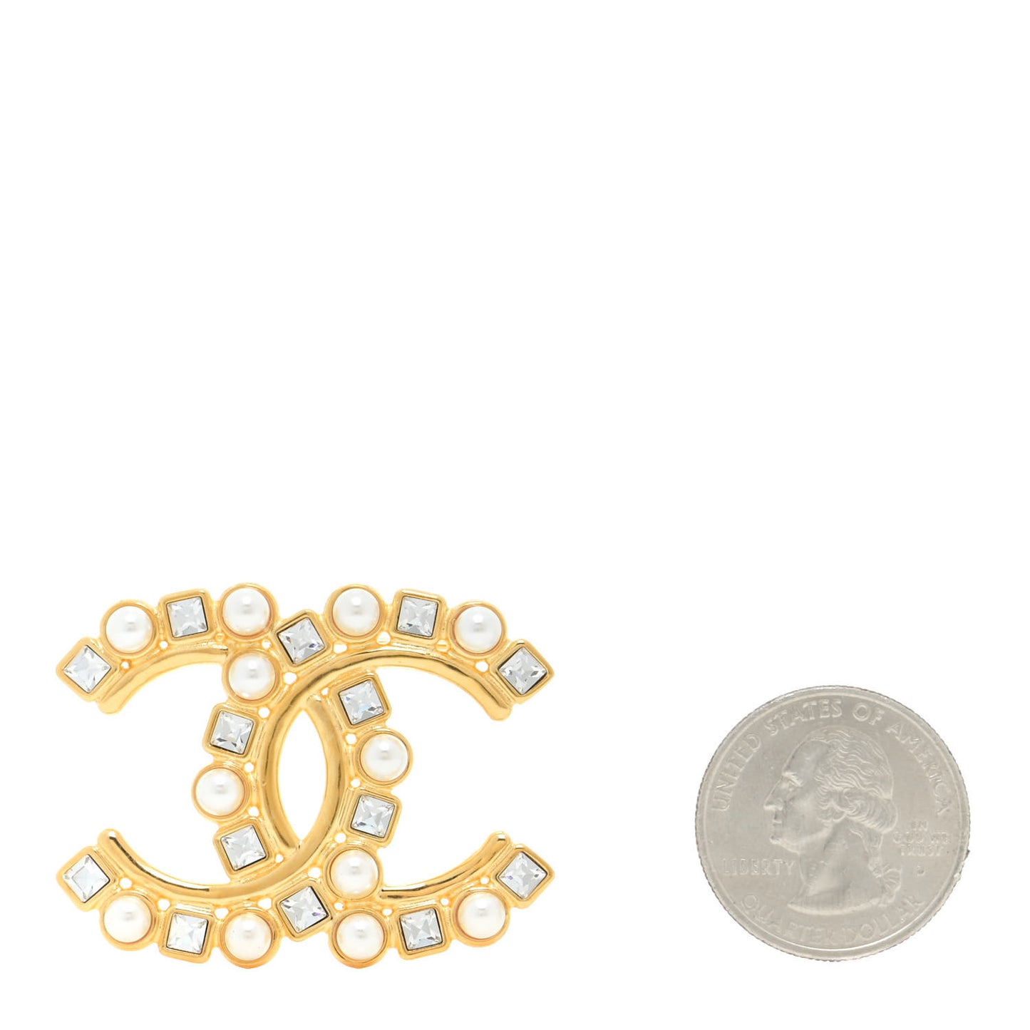 Pearl Crystal Baguette CC Brooch Gold