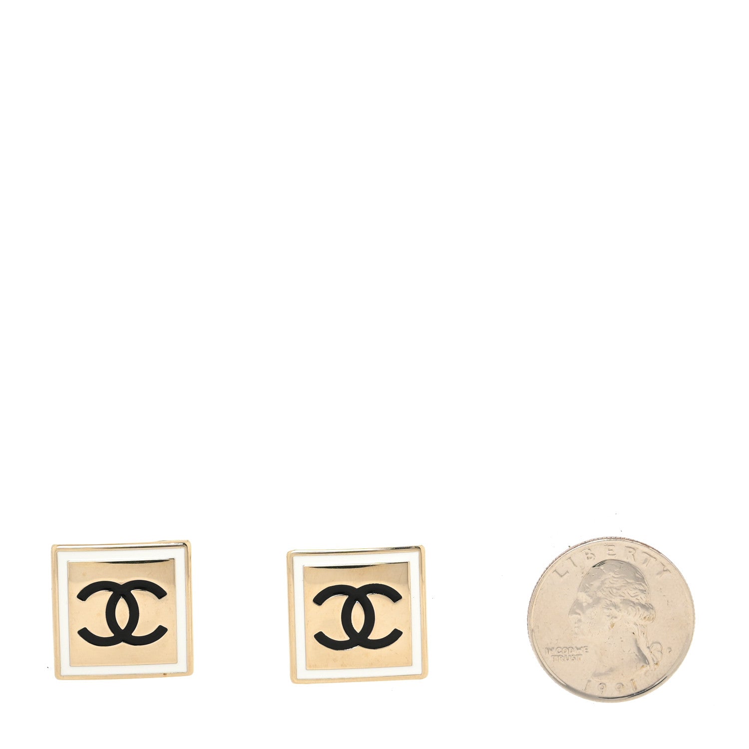 Chanel Metal Enamel CC Square Earrings Gold Black White 2 of 4