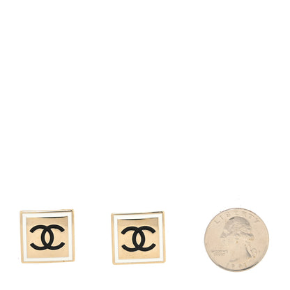 Chanel Metal Enamel CC Square Earrings Gold Black White 2 of 4