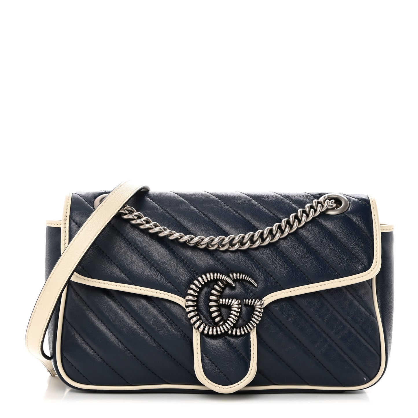 Vintage Effect Calfskin Matelasse Diagonal Small Torchon GG Marmont Shoulder Bag Blue Agata Mystic White