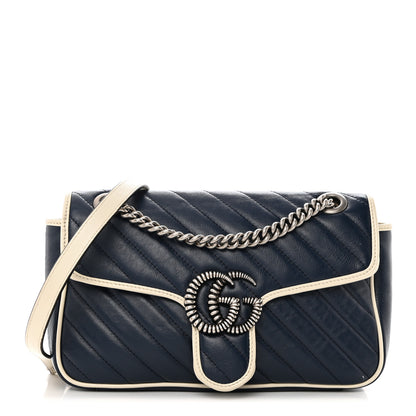 Gucci Vintage Effect Calfskin Matelasse Diagonal Small Torchon GG Marmont Shoulder Bag Blue Agata Mystic White 1 of 11