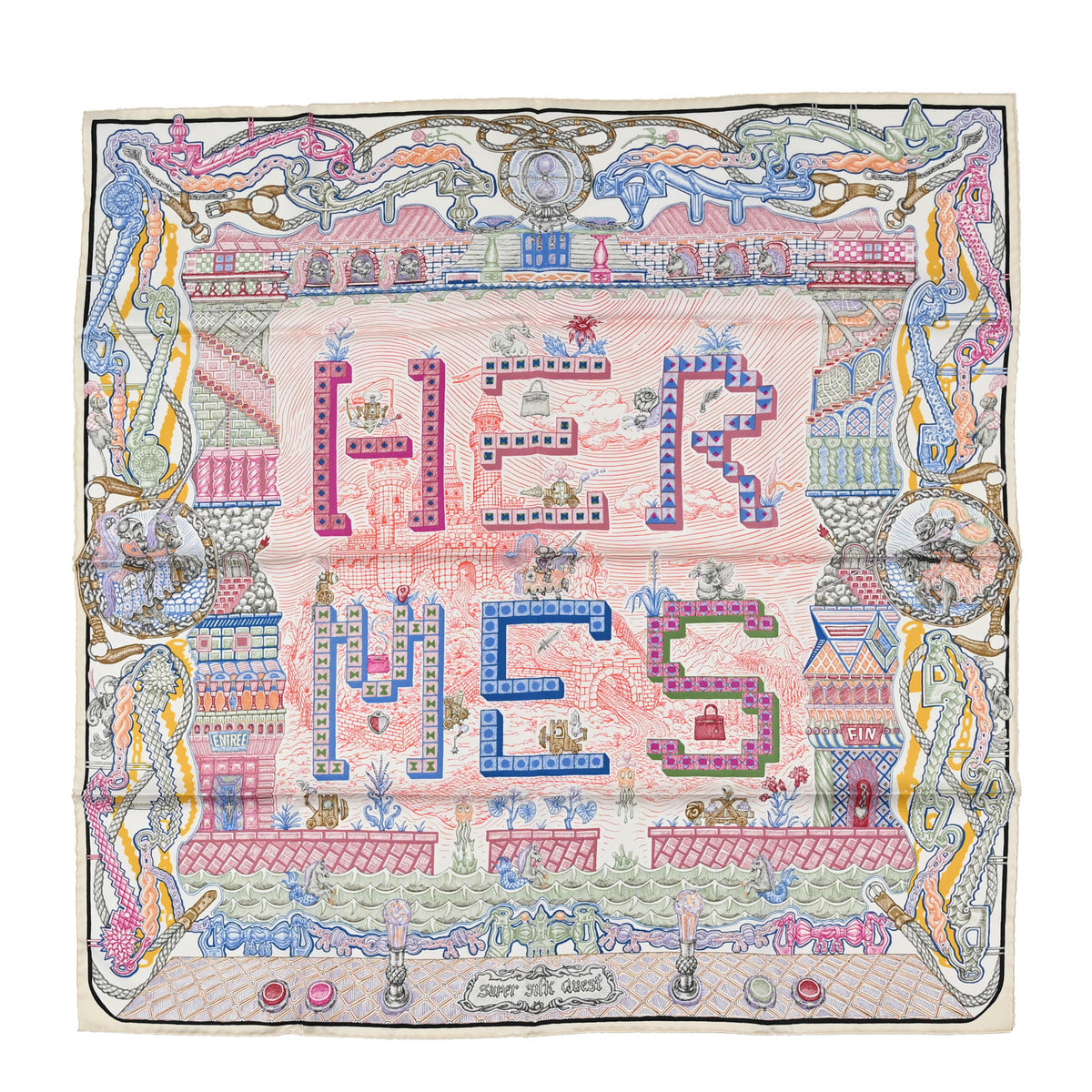 Hermes Silk Super Silk Quest Scarf 90 Cream Rose Blue 1 of 3