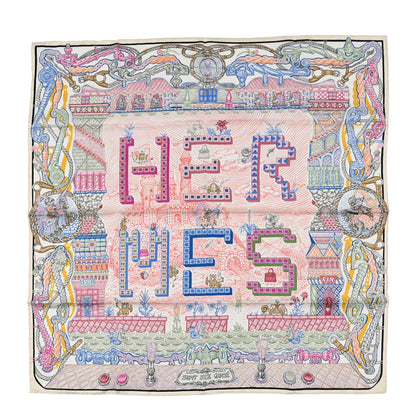 Hermes Silk Super Silk Quest Scarf 90 Cream Rose Blue 1 of 3
