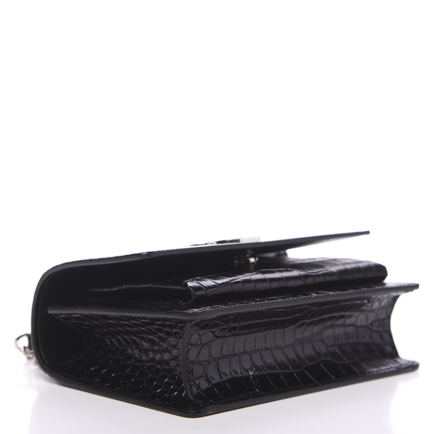 Saint Laurent Calfskin Crocodile Embossed Monogram Sunset Chain Wallet Black 3 of 8