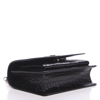 Saint Laurent Calfskin Crocodile Embossed Monogram Sunset Chain Wallet Black 3 of 8