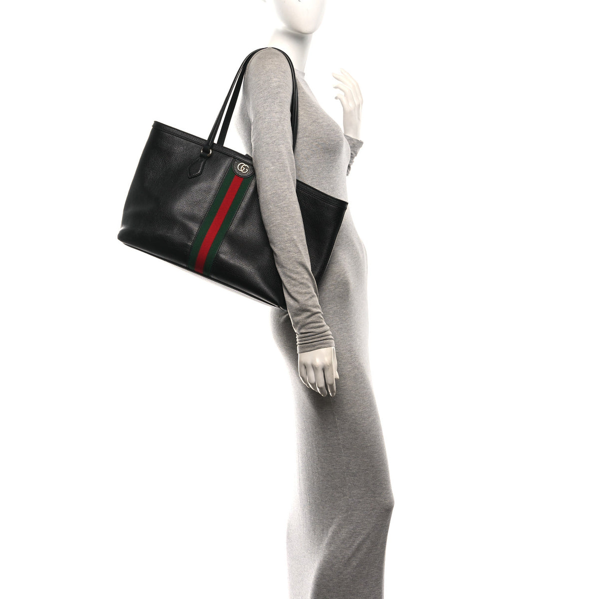 Textured Calfskin Web Medium Ophidia Shopping Tote Black