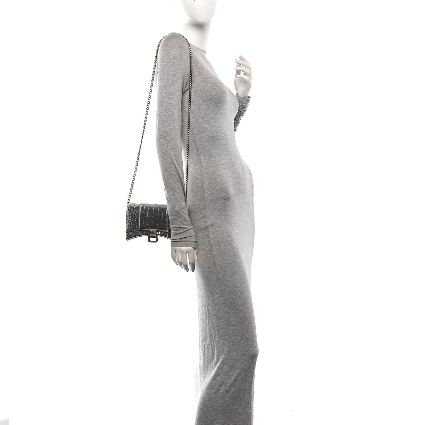 Metallic Calfskin Crocodile Embossed Hourglass Chain Bag Silver
