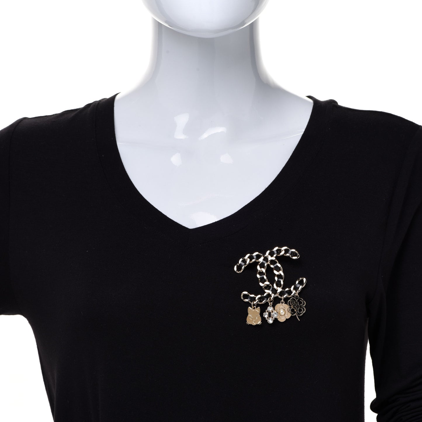 Lambskin Crystal Chain CC Charms Brooch Black Gold