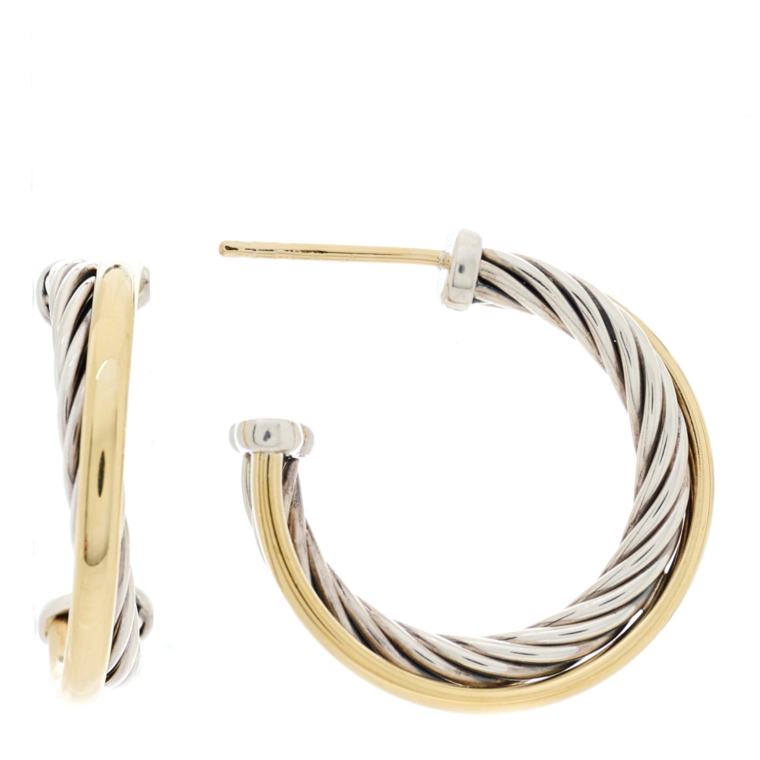 David Yurman Sterling Silver 18K Yellow Gold 23mm Crossover Cable Hoop Earrings 1 of 4