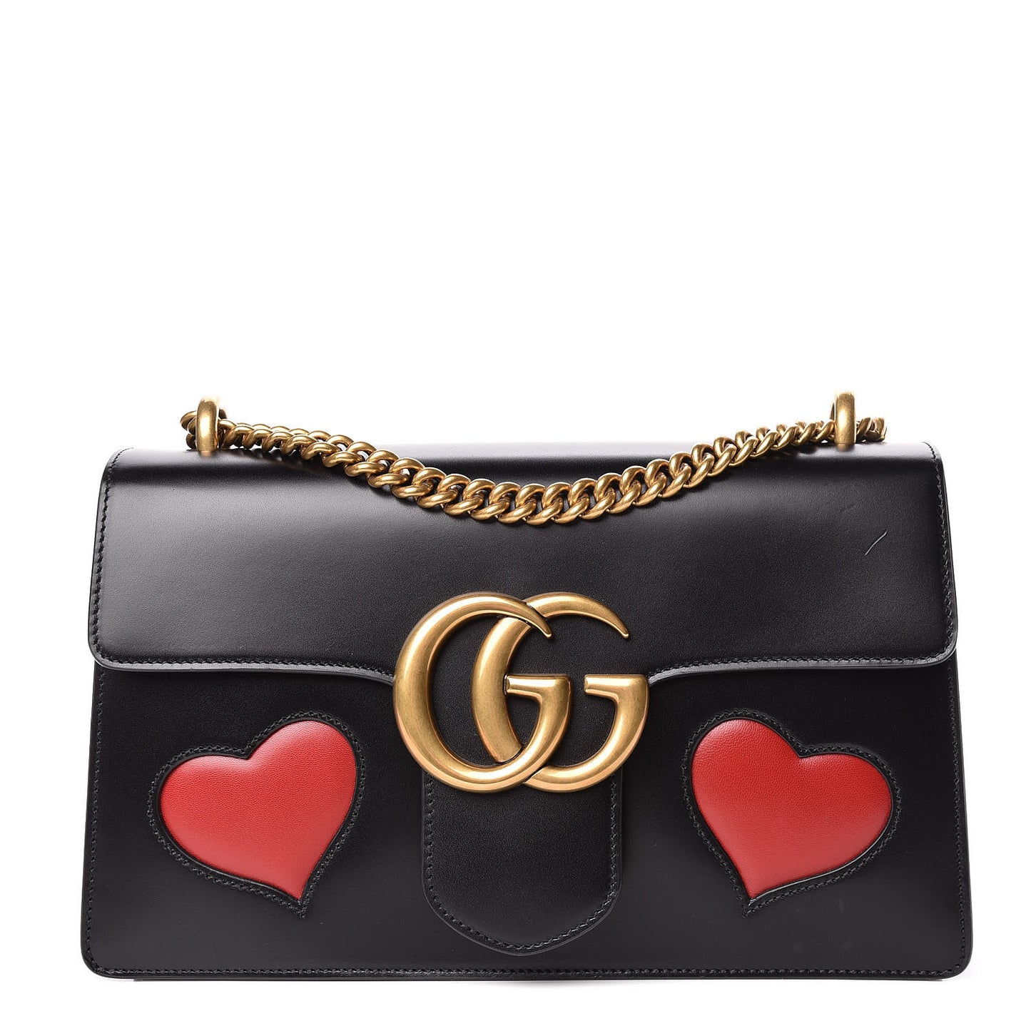 Knight Calfskin Malaga Kid Heart Medium GG Marmont Chain Handle Bag Black Hibiscus Red Multicolor