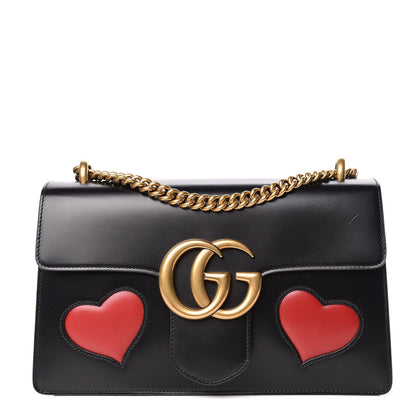 Gucci Knight Calfskin Malaga Kid Heart Medium GG Marmont Chain Handle Bag Black Hibiscus Red Multicolor 1 of 11