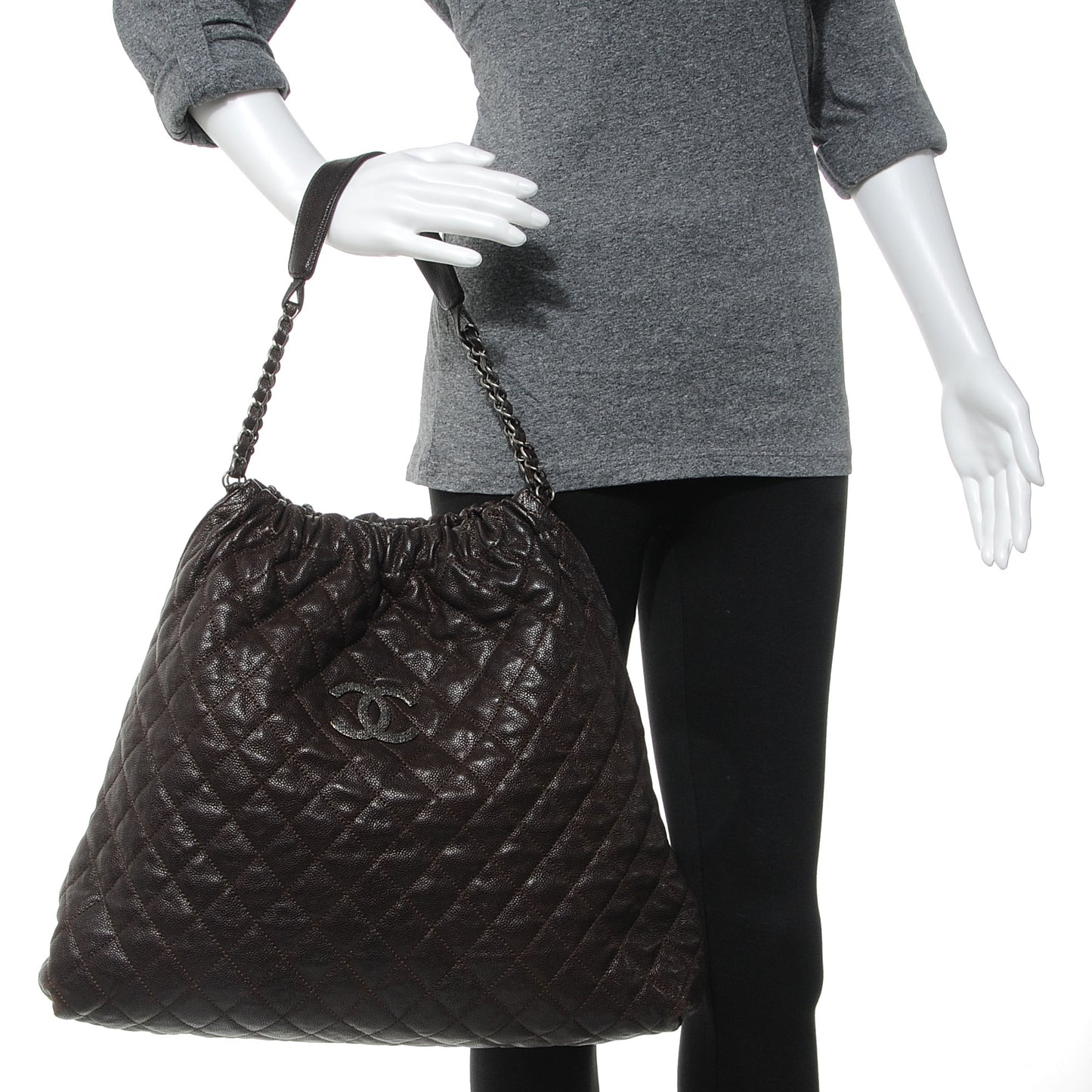 Distressed Glazed Caviar Quilted Large Elastic Tote Brown