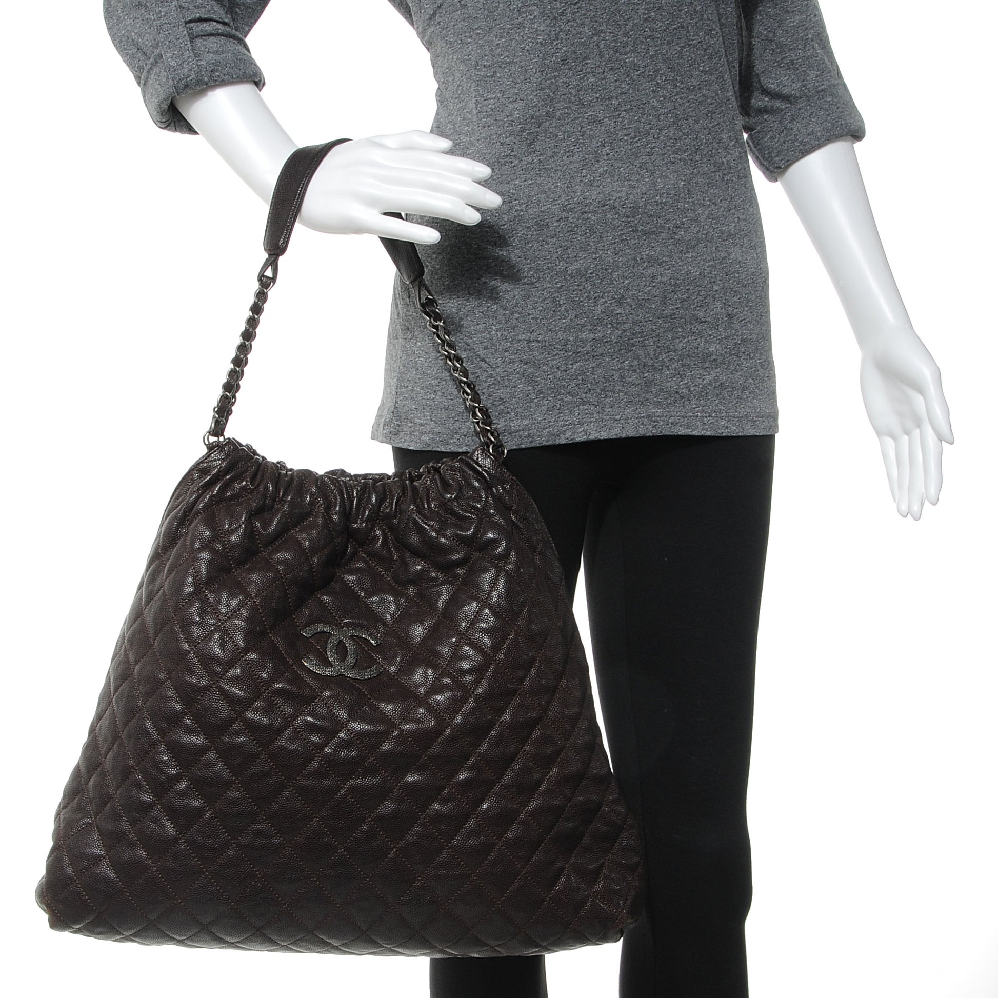 Chanel Distressed Glazed Caviar Quilted Large Elastic Tote Brown 2 of 7