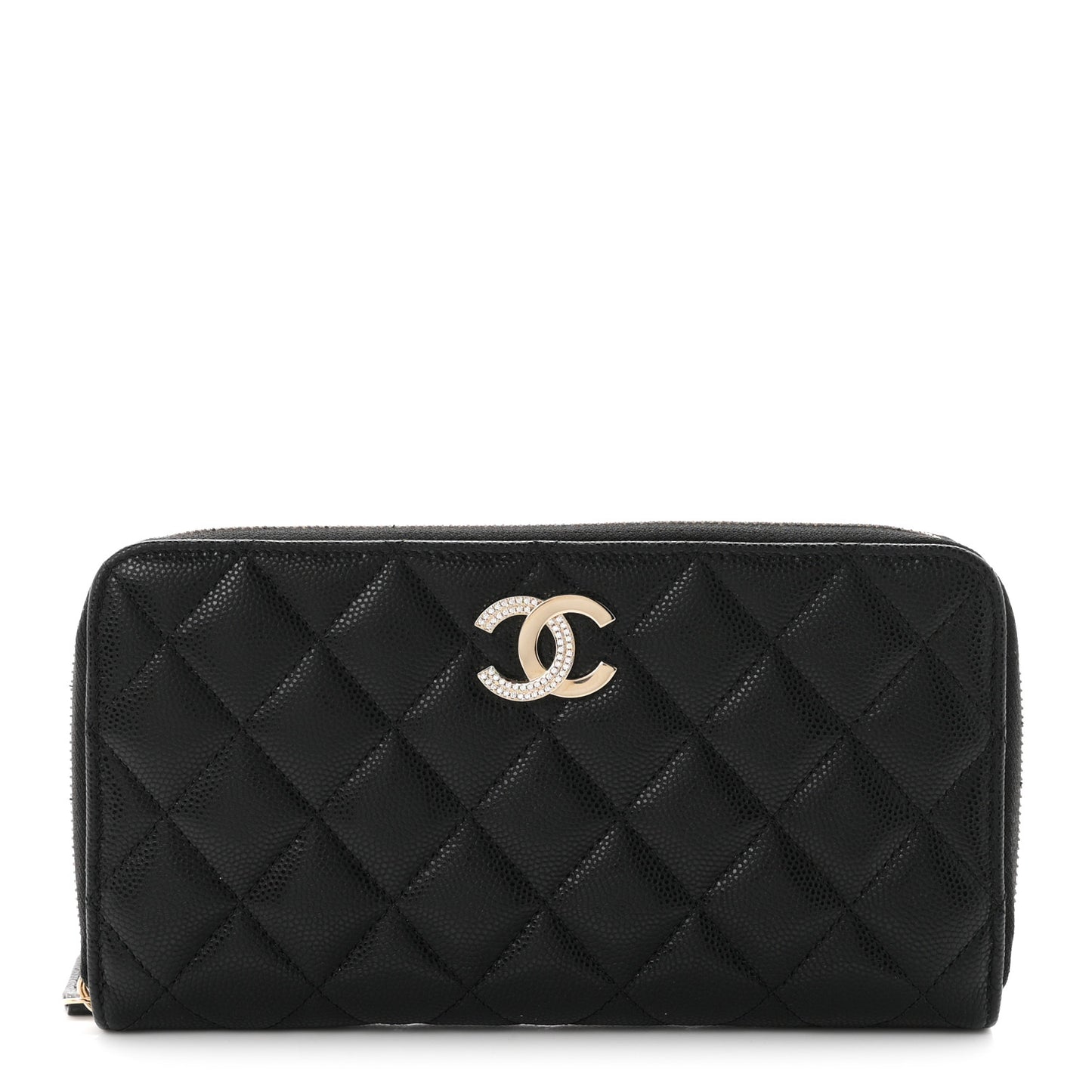 Caviar Quilted Crystal CC Long Zipped Wallet Black