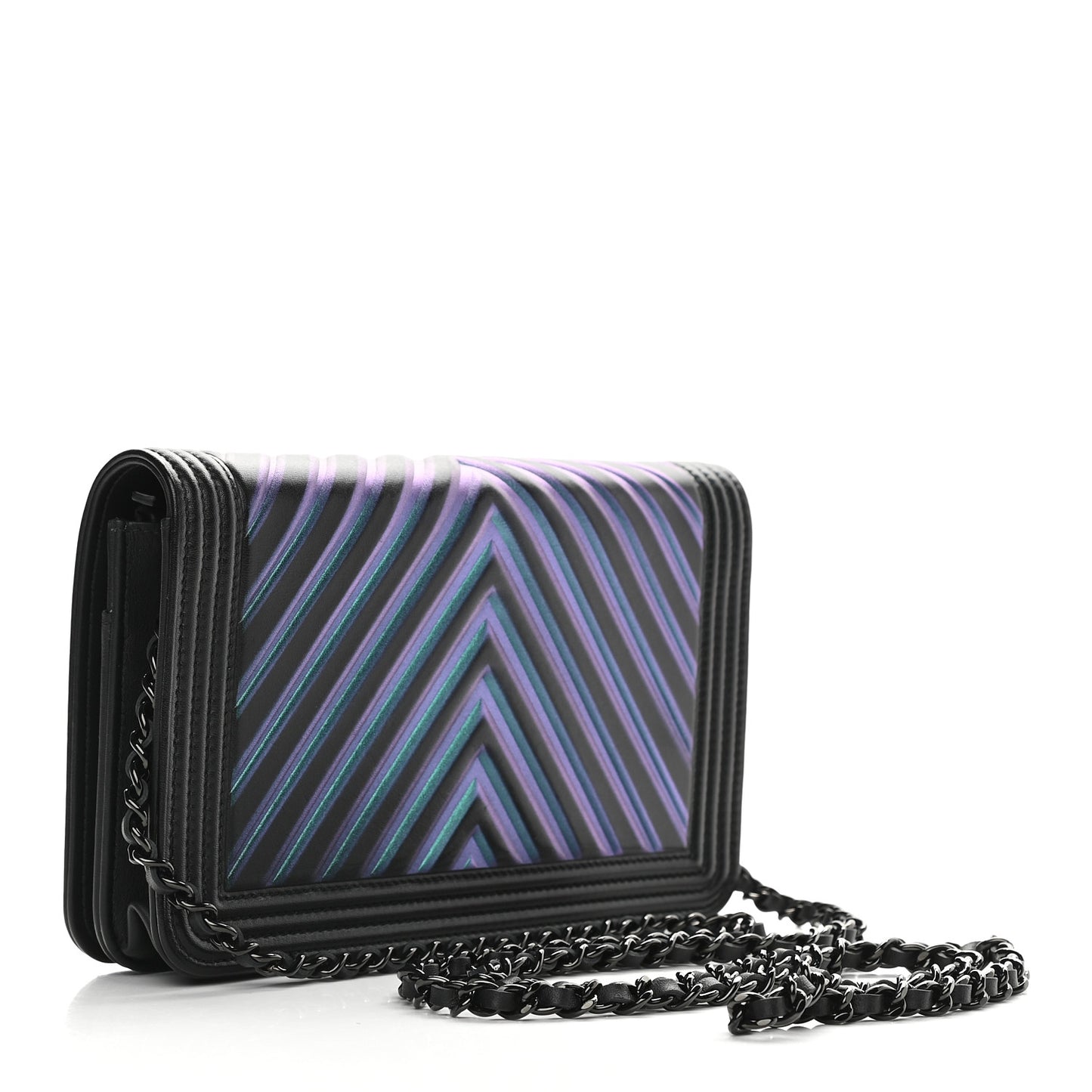 Calfskin Painted Chevron Embossed Boy Wallet On Chain WOC Black
