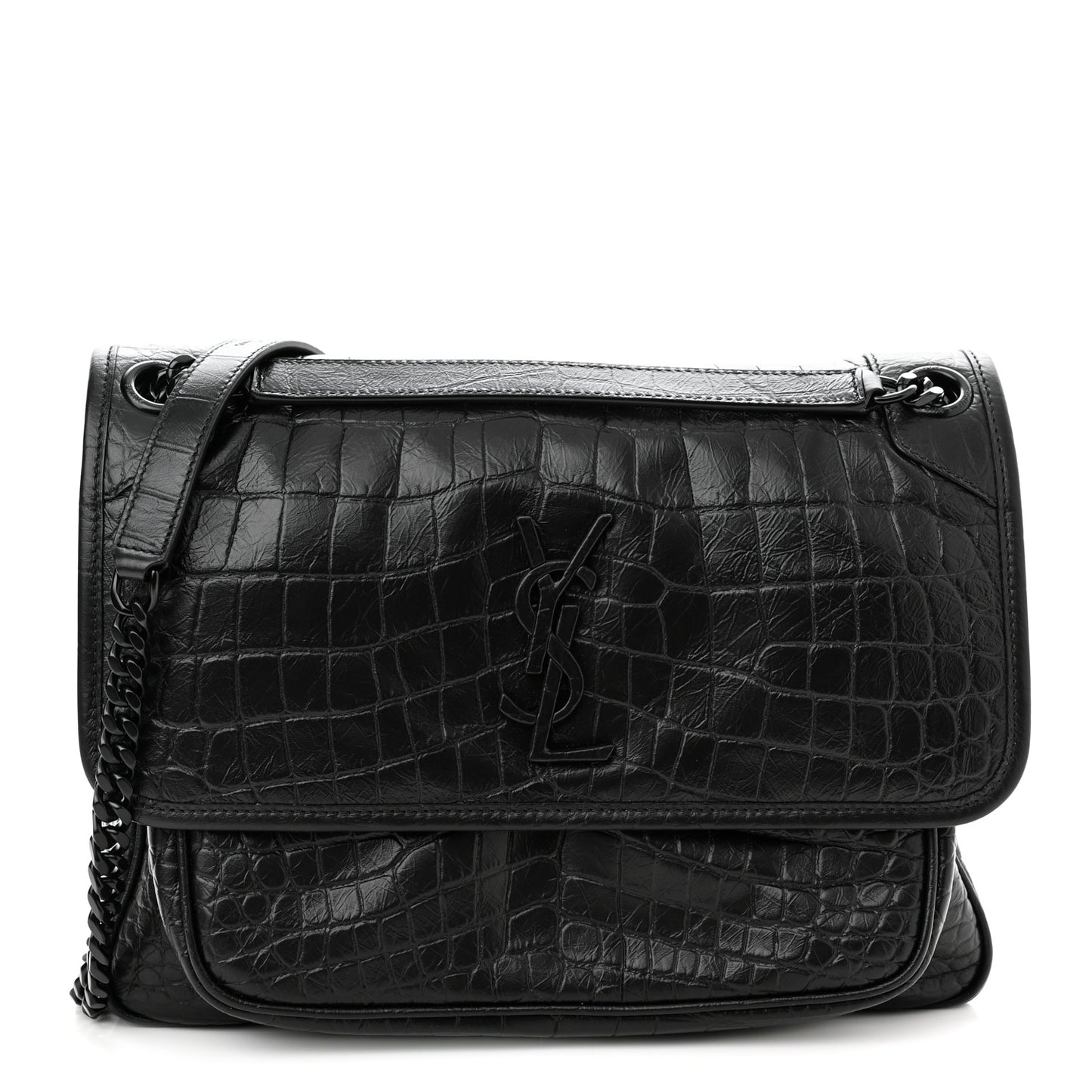Crinkled Calfskin Crocodile Embossed Monogram Medium Niki Chain Satchel Black
