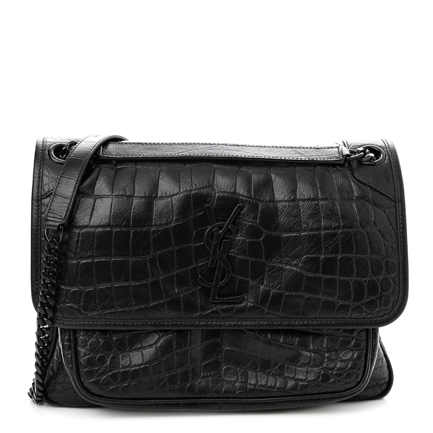 Saint Laurent Crinkled Calfskin Crocodile Embossed Monogram Medium Niki Chain Satchel Black 1 of 10