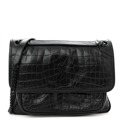 Saint Laurent Crinkled Calfskin Crocodile Embossed Monogram Medium Niki Chain Satchel Black 1 of 10