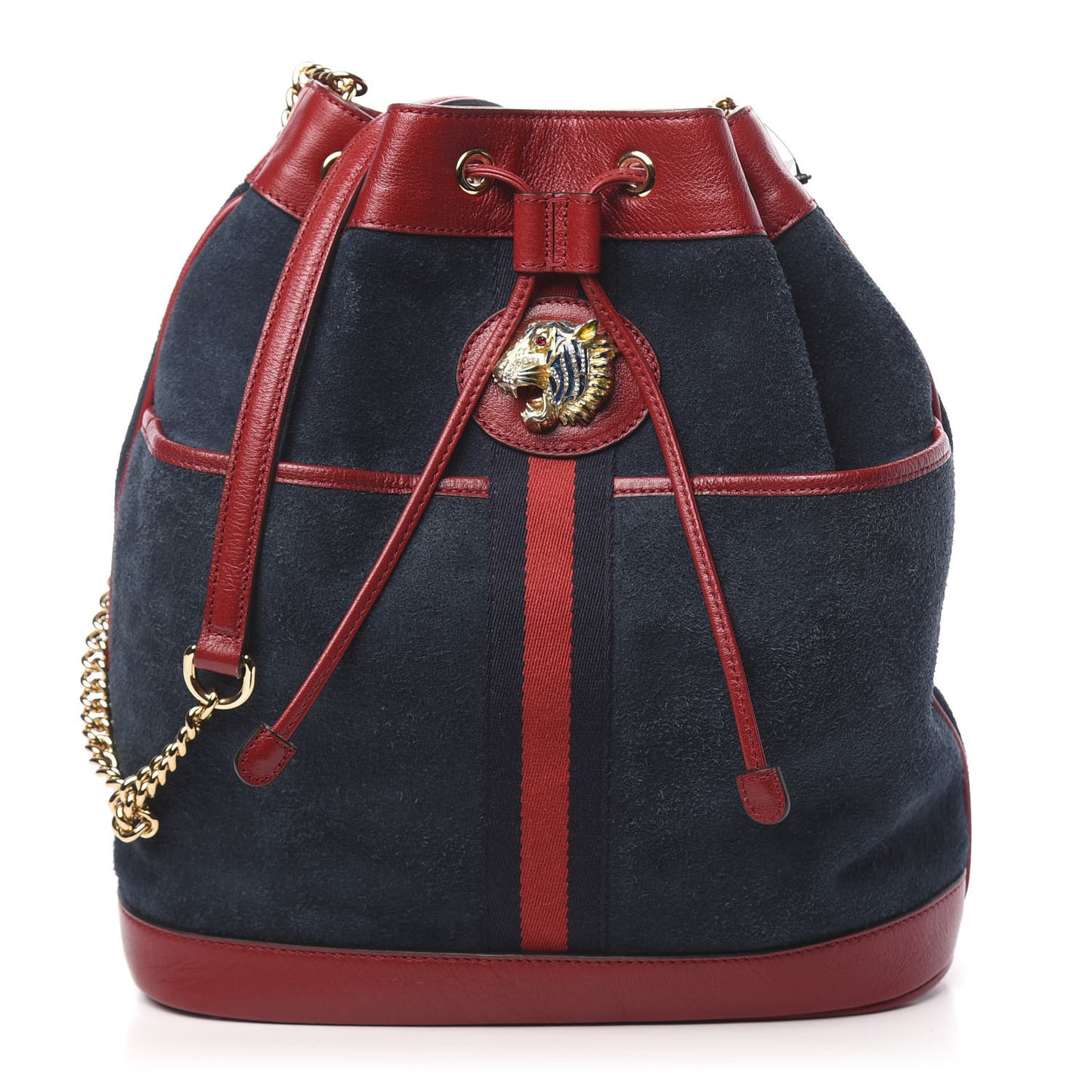Suede Calfskin Web Medium Rajah Bucket Bag New Blue Romantic Cherry