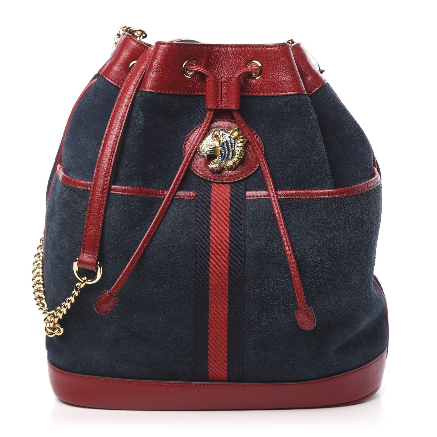 Gucci Suede Calfskin Web Medium Rajah Bucket Bag New Blue Romantic Cherry 1 of 10