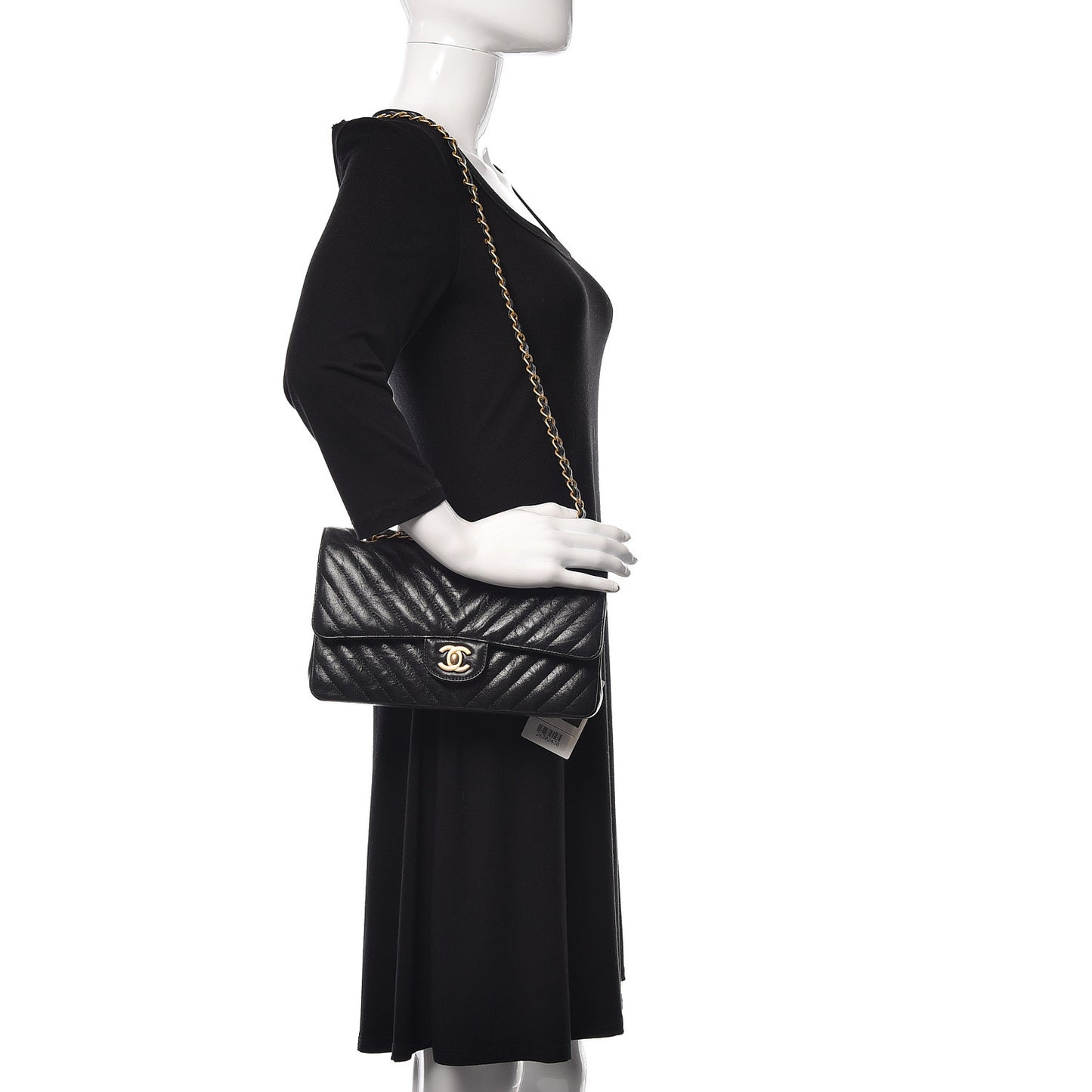 Crumpled Calfskin Chevron Quilted Medium Double Flap Black