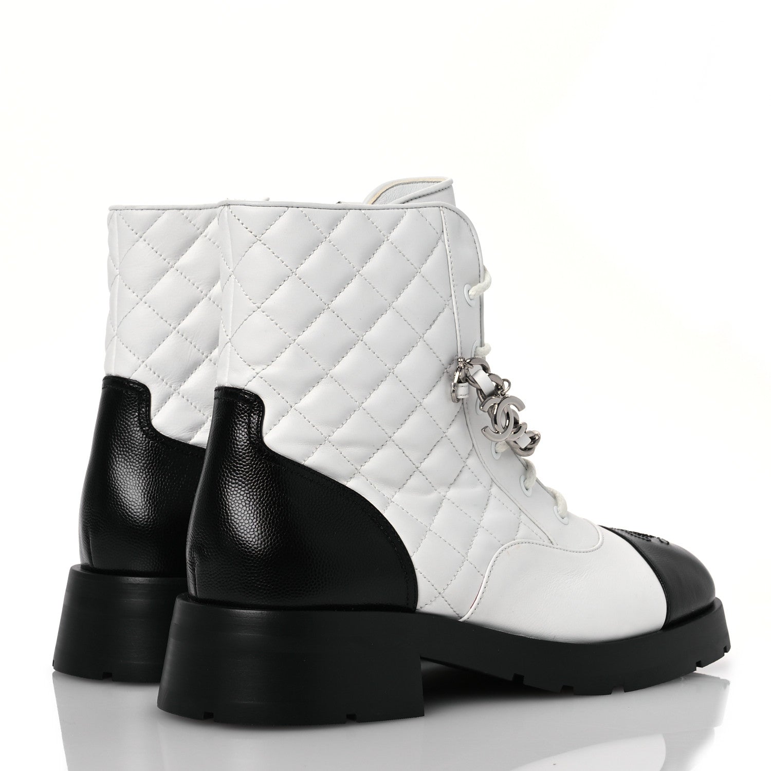 Chanel Caviar Calfskin Quilted Chain Lace Up Combat Boots 41 White Black 4 of 12